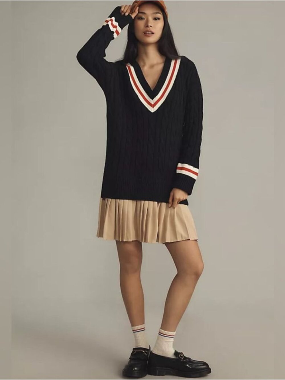 English Factory Preppy Cable Knit Sweater Dress Navy Beige Tennis Large Luxe